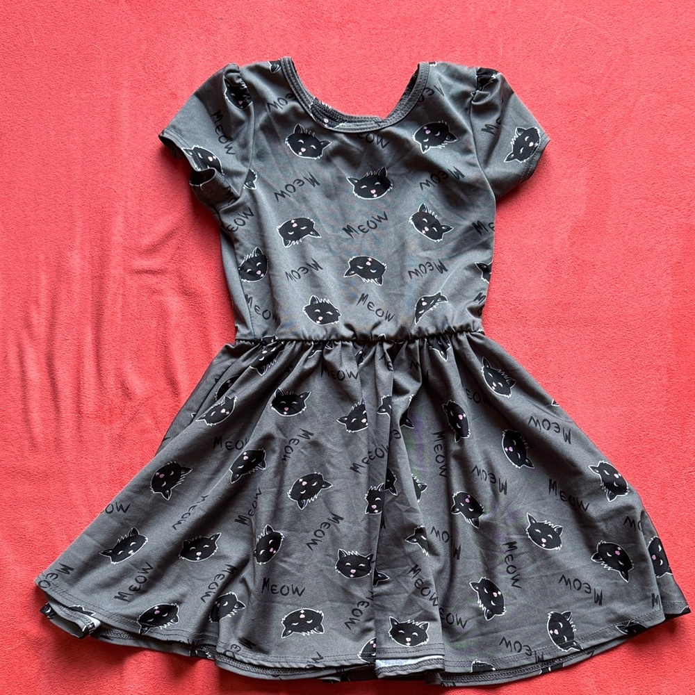 Gray Cat Print Kids Dress -